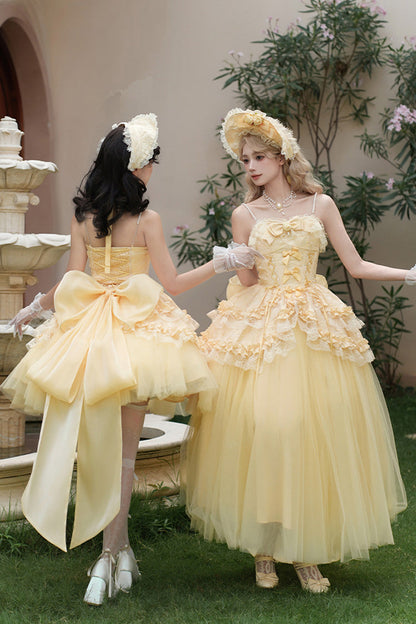 Sissi's Pilgrimage Off Shoulder Ruffle Bow Lace Sweet Lolita Short Skirt in Yellow