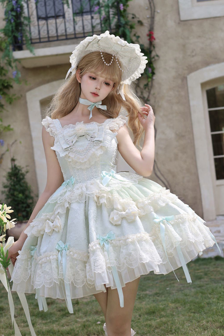 Green Blossoming Heart Love Sleeveless Dark Jacquard Print Bow Lace Sweet Lolita Jsk Dress