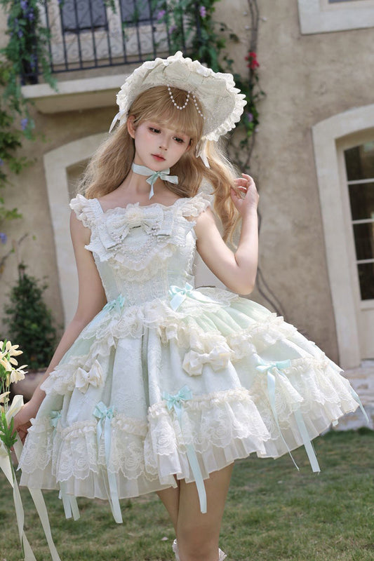 Green Blossoming Heart Love Sleeveless Dark Jacquard Print Bow Lace Sweet Lolita Jsk Dress