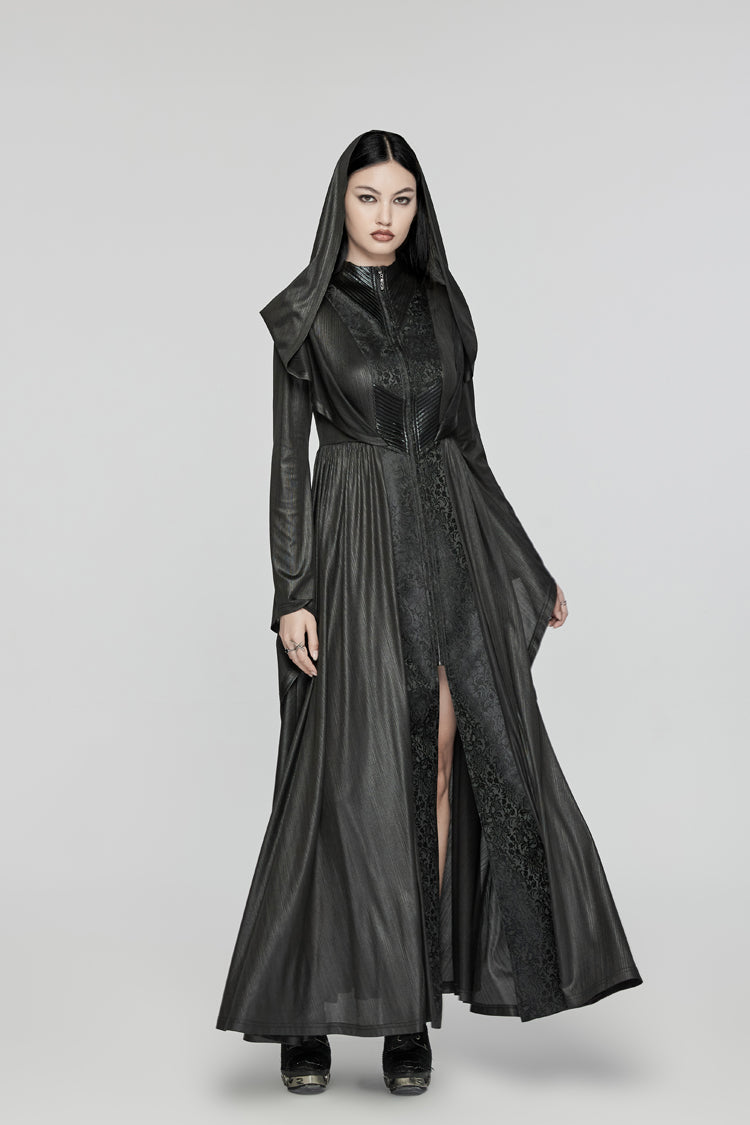 Hooded Dark Dress with Flared Sleeves - Women