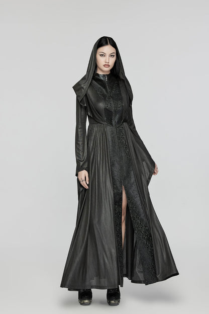 Hooded Dark Dress with Flared Sleeves - Women