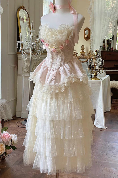 Pink Floral Love Ruffle Bow Lace Elegant Lolita Maxi Set
