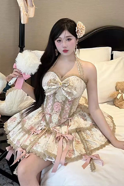 Halterneck Bowknot Skirt Set with Lace-Up