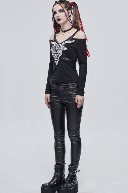 Womens Off-Shoulder Top with Sheep Print and Long Sleeves