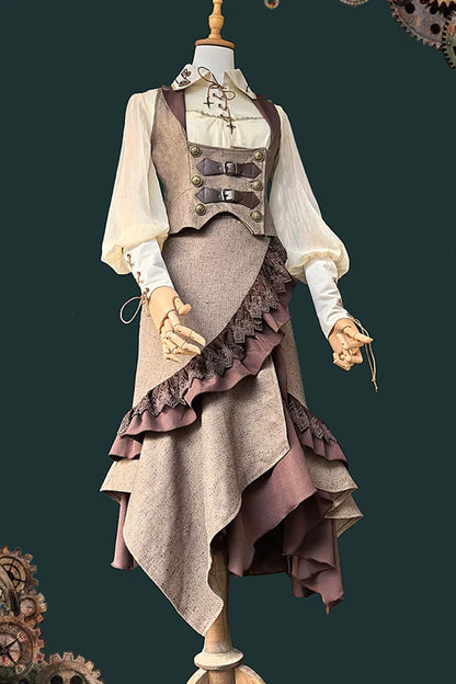 Coffee Brown Traveler Sleeveless Asymmetrical Ruffle Punk Lolita Skirt Set