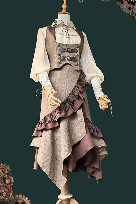 Coffee Brown Traveler Sleeveless Asymmetrical Ruffle Punk Lolita Skirt Set
