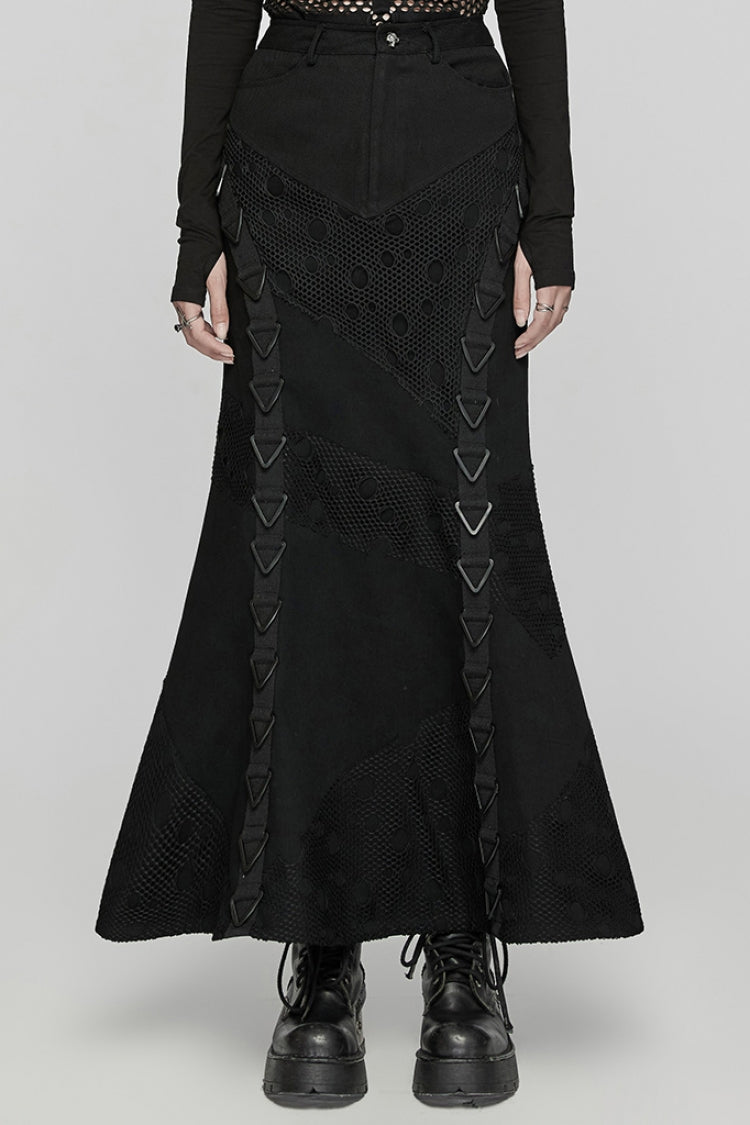 Triangular Buckle Fishtail Skirt with Mesh Accents