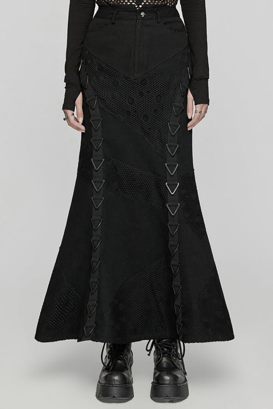 Triangular Buckle Fishtail Skirt with Mesh Accents