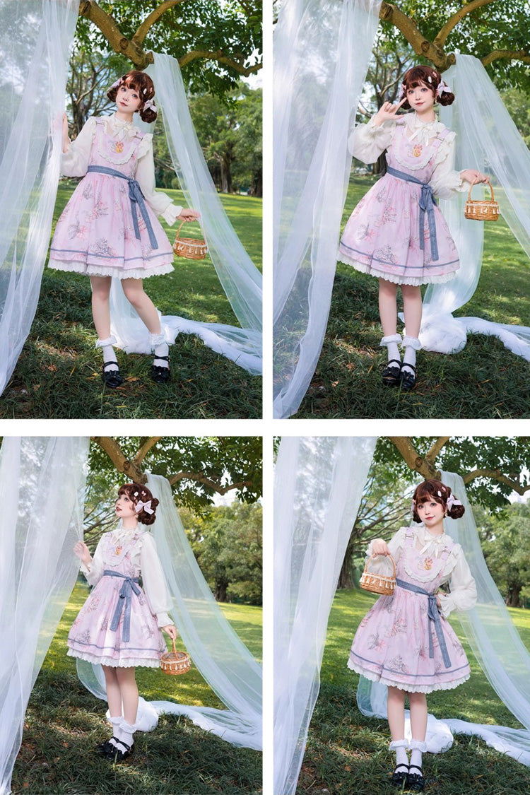 Rose Sleeveless Print Ruffle Bow Daily Sweet Lolita Strap Gown - Lily of the Valley Rabbit