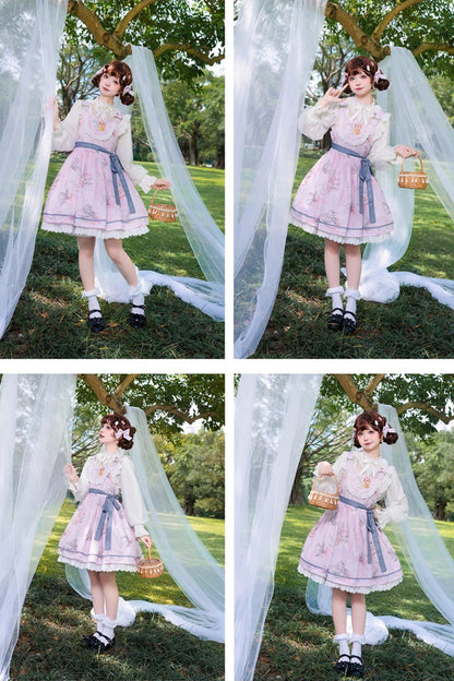 Rose Sleeveless Print Ruffle Bow Daily Sweet Lolita Strap Gown - Lily of the Valley Rabbit
