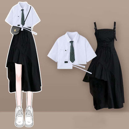 Set Slip Pieces Irregular T-Shirt Lace Two Tie Pocket Up Dress Lapel