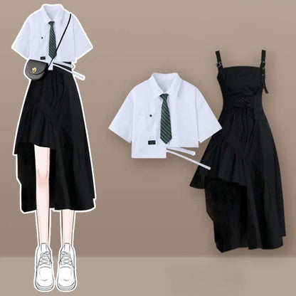Set Slip Pieces Irregular T-Shirt Lace Two Tie Pocket Up Dress Lapel