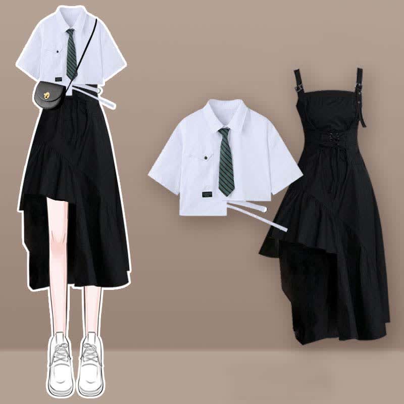 Black Pocket Lapel Tie T-Shirt Irregular Slip Dress Set