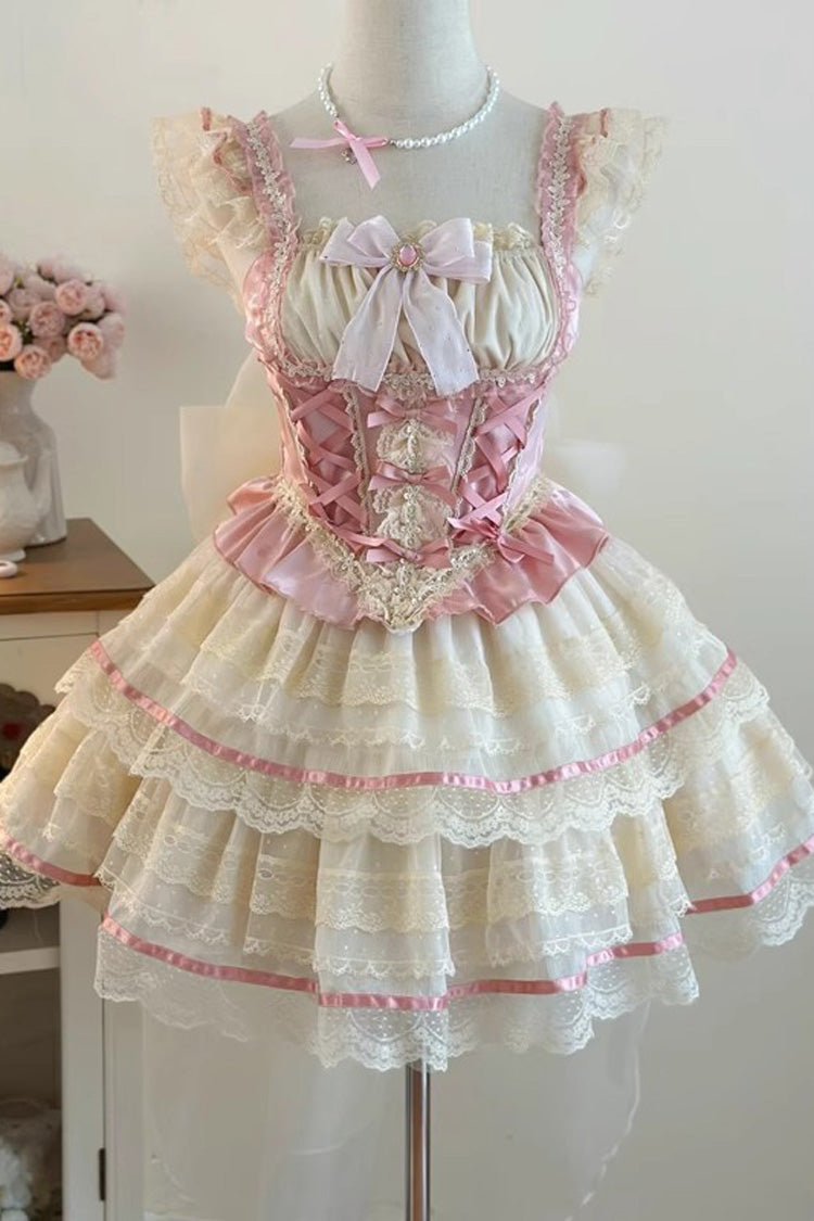Pink Girl Love Double-Layer Bow Lace Sweet Ballet Lolita Skirt Set