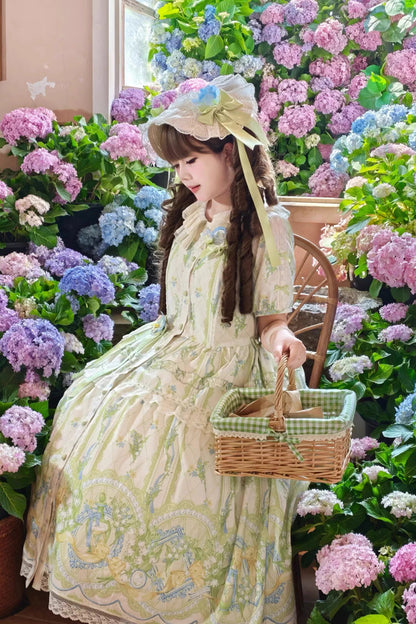 Ivory Green Lily of the Valley Perfume Pearl Candy Tea Doll Collar Short Sleeve Print Lace Plus Sweet Lolita OP
