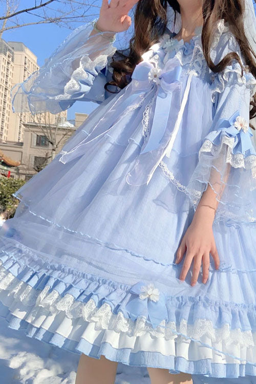 Blue OP Tiered Dress Sweet Lolita Trumpet Sleeves Bowknot Ruffled - Altfashion Shop