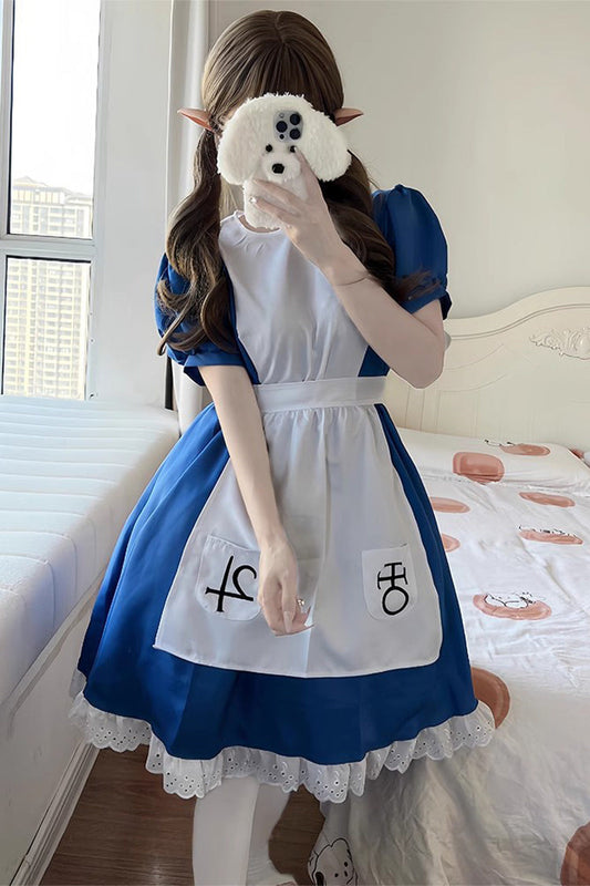 Azure and Ivory Alice Madness Returns Short Sleeves Ruffle Sweet Plus Size Lolita Dress