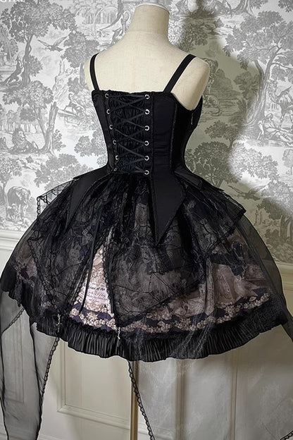 Printed Gothic Lolita Skirt Dress with Bowknot and Ruffle - Doll Mystery