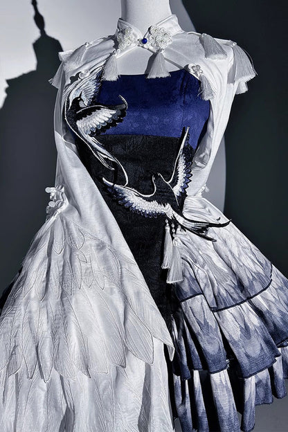Dark Blue Feathered Finch Multi-Layer Print Ruffle Classic Chinese Style JSK Dress Set