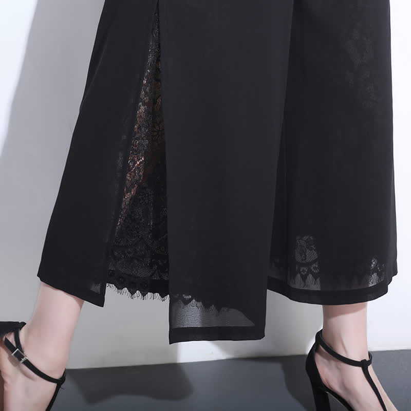 Elegante schwarze Hose mit weitem Bein und Spitzennähten