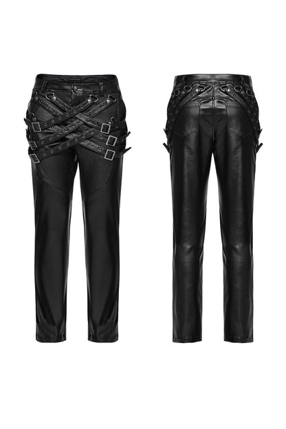 Punk Trousers with Buckle Straps and Mesh Accents