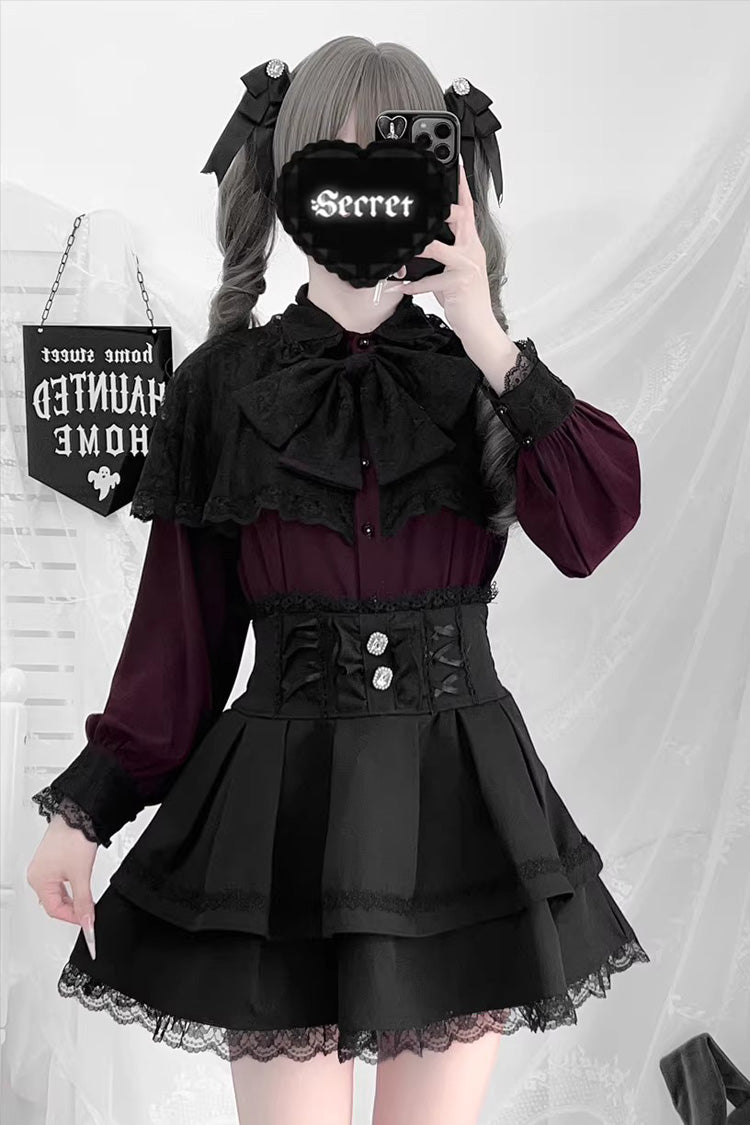 Long Sleeves Double-Layered Ruffled Embroidered Bow Lace-Up Gothic Jirai Kei Lolita Top Skirt Set