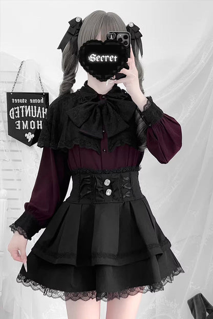 Long Sleeves Double-Layered Ruffled Embroidered Bow Lace-Up Gothic Jirai Kei Lolita Top Skirt Set