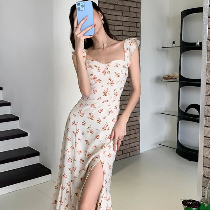 White Cardigan Floral Print Split Slip Dress Set