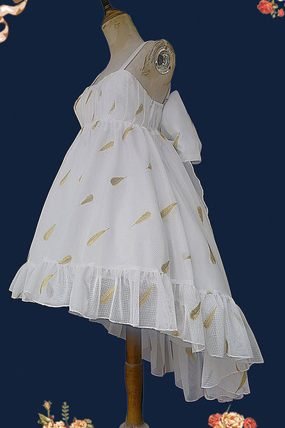 Feather Snowflake Embroidery Print Sleeveless Ruffle Bow Sweet JSK Dress