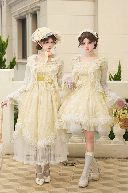 Golden Square-Collar Short-Sleeve Ruffled Lace Long Gown