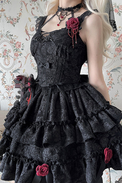 Weeping Rose Double-Layer Ruffle Embroidered Bow Lace Gothic Ballet Set