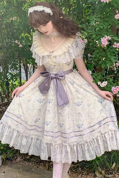 Printed Bow Lace Sweet Elegant Dress - Purple Summer Flower Wall