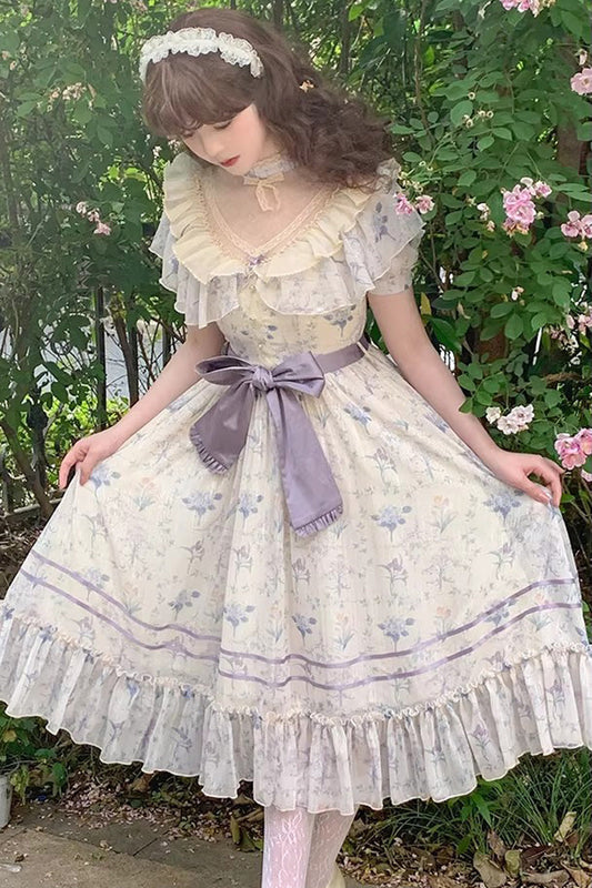 Printed Bow Lace Sweet Elegant Dress - Purple Summer Flower Wall