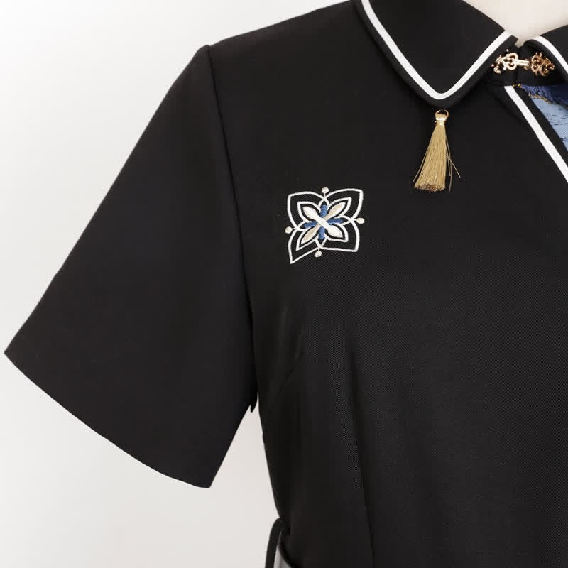 Dress Splice With Embroidery Vintage Button Lapel Irregular Belt Floral