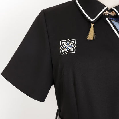 Dress Splice With Embroidery Vintage Button Lapel Irregular Belt Floral