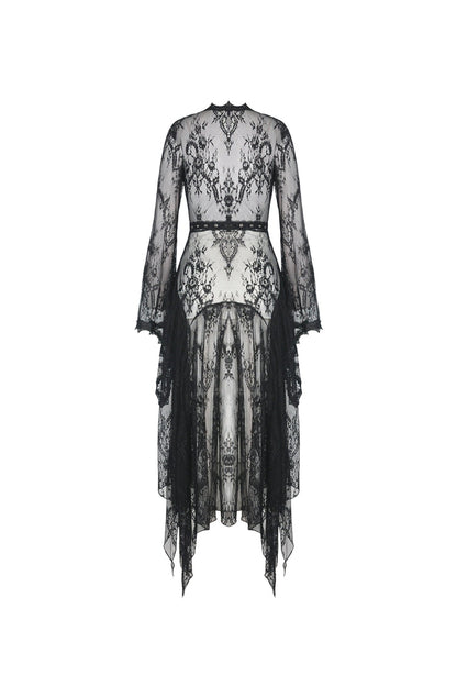 Maxi Cloak with Floral Lace and Belted Waist - Dark