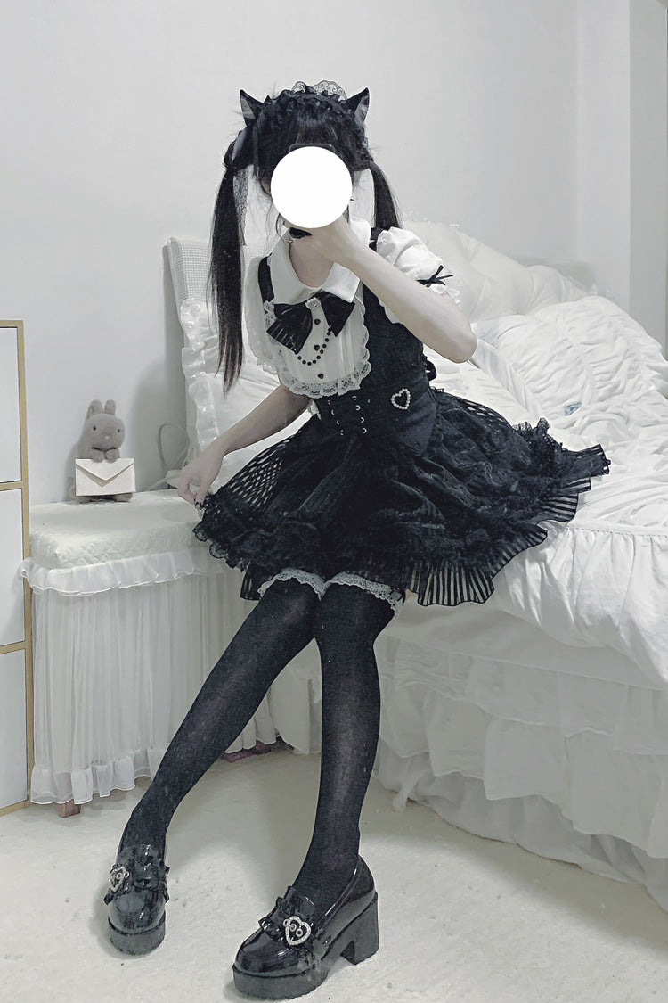Stripe Print Bowknot Lace Gothic Jirai Kei Dress