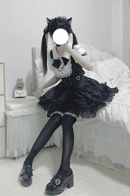 Stripe Print Bowknot Lace Gothic Jirai Kei Dress