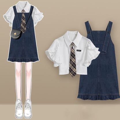 Denim Set Pocket Dress T-Shirt Lapel Overall Tie