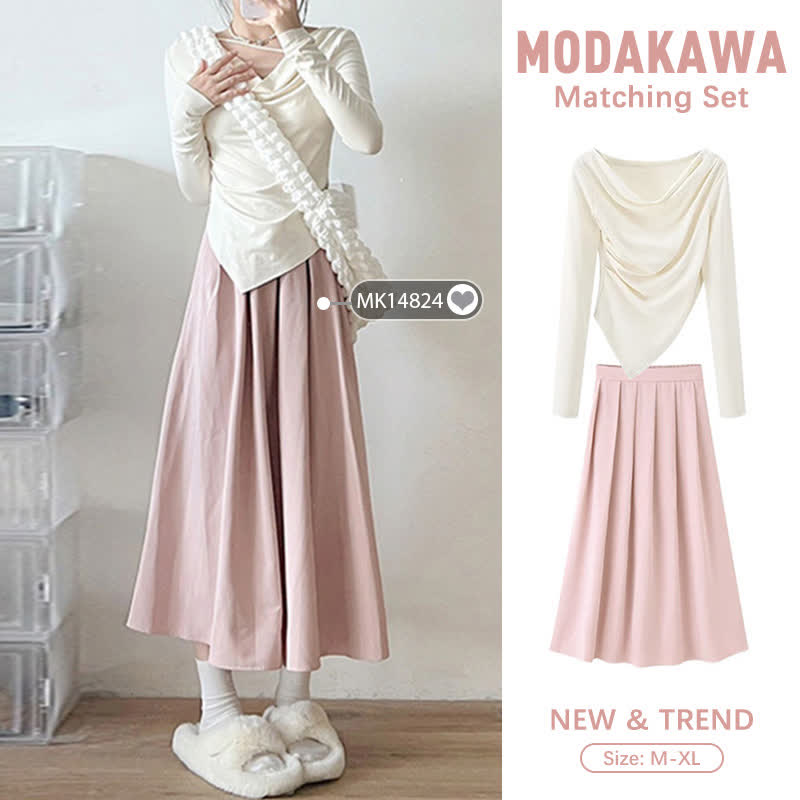 Irregular Ruffled Long Sleeve Shirt Pleated Skirt