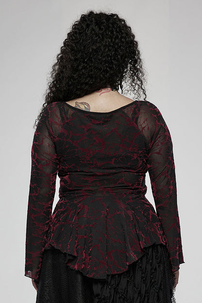 V Neck Stretch Mesh Abstract Pattern Flared Cuffs Plus Size Gothic Tee