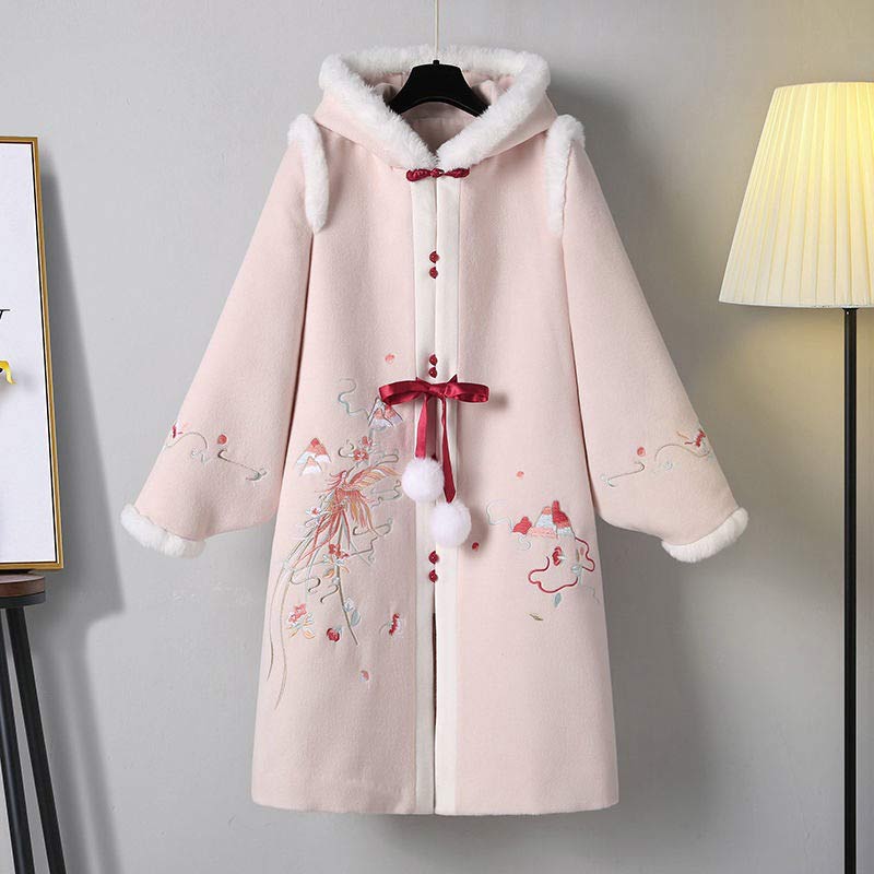 Charming Floral Embroidery Hooded Coat Dress Set