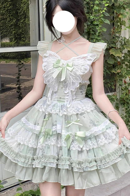 Emerald Promise of Blooming Season Print Ruffle Bowknot Lace Sweet Princess Lolita JSK