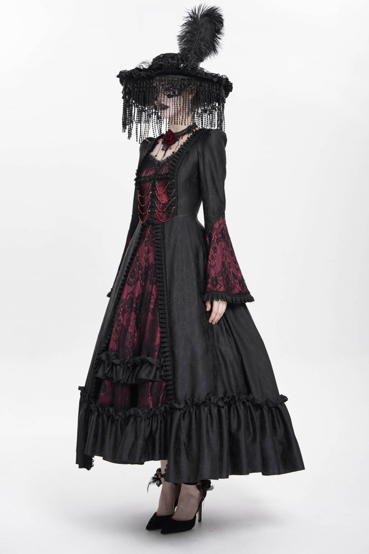 Long Sleeve Floral Embroidery Lace-Up Pleated Gothic Dress
