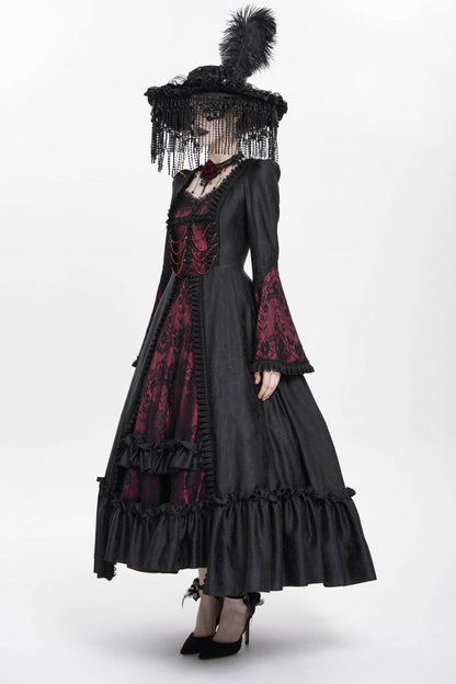 Long Sleeve Floral Embroidery Lace-Up Pleated Gothic Dress
