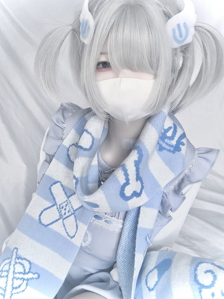 Band-Aid Blue and White Yami Kawaii Striped Scarf