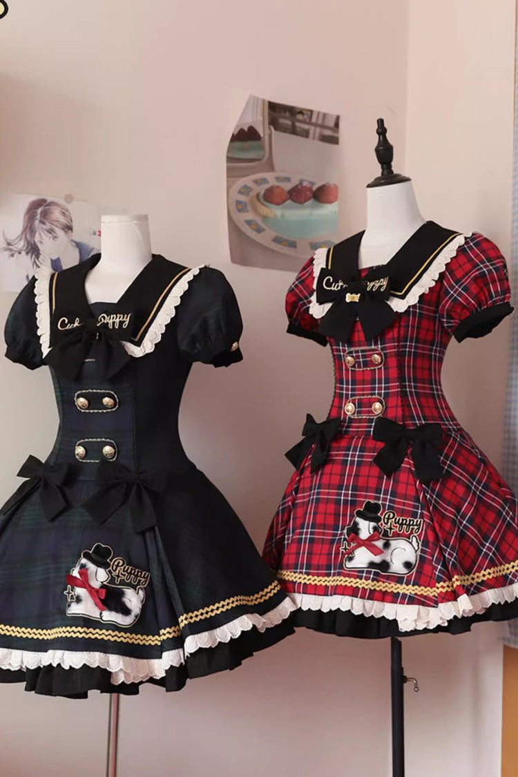 Crimson Dalmatian Bowknot Mini Sweet Lolita Gown with Short Sleeves