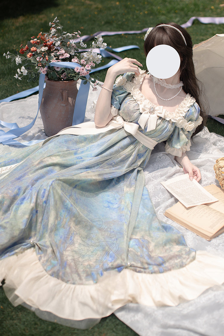 Short-Sleeve Ruffle Bow Dress with Artistic Print