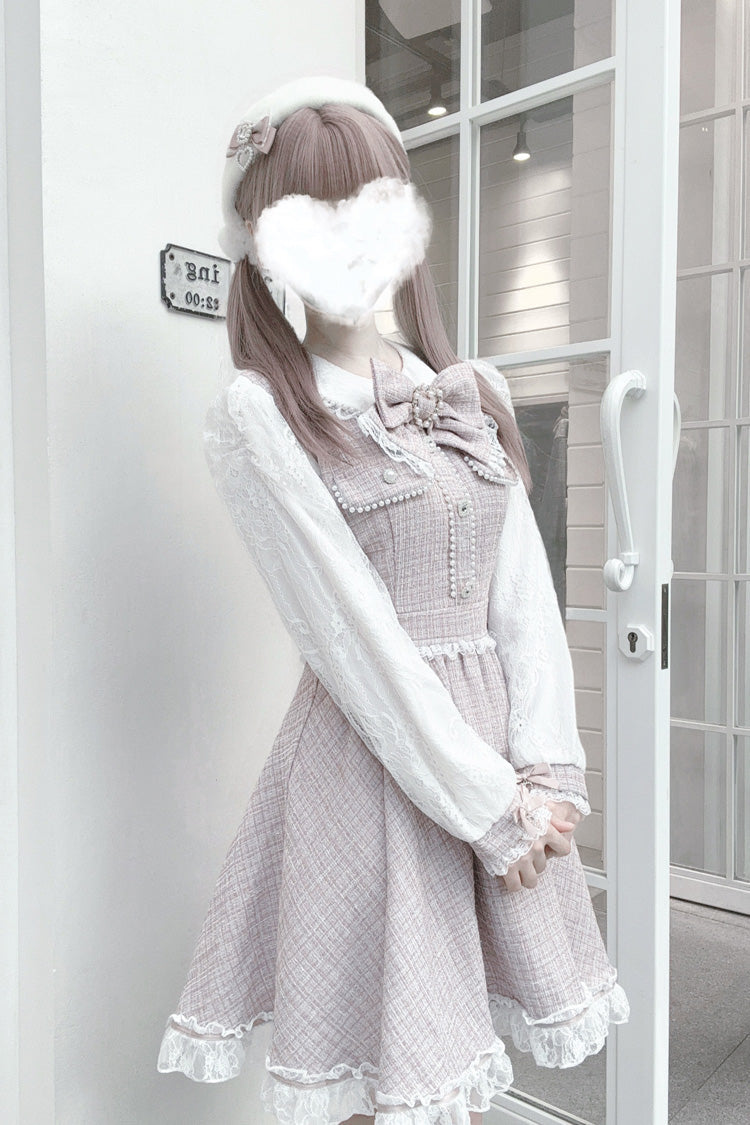 Grey Pink Bow Lace Pearl Sweet Dress