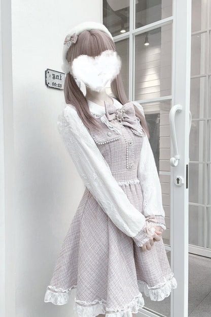 Grey Pink Bow Lace Pearl Sweet Dress